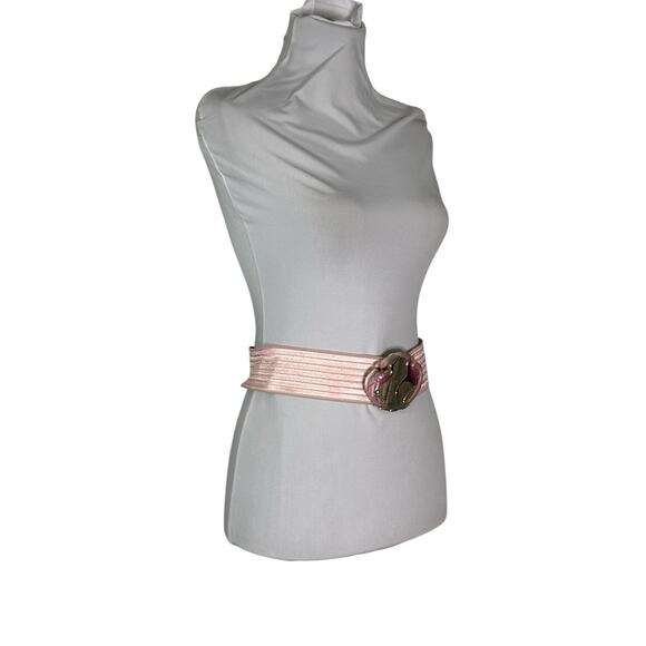Vintage 1980s Charmant Belts Pink Flamingo Gold Buckle Elastic Belt L - Picture 4 of 6